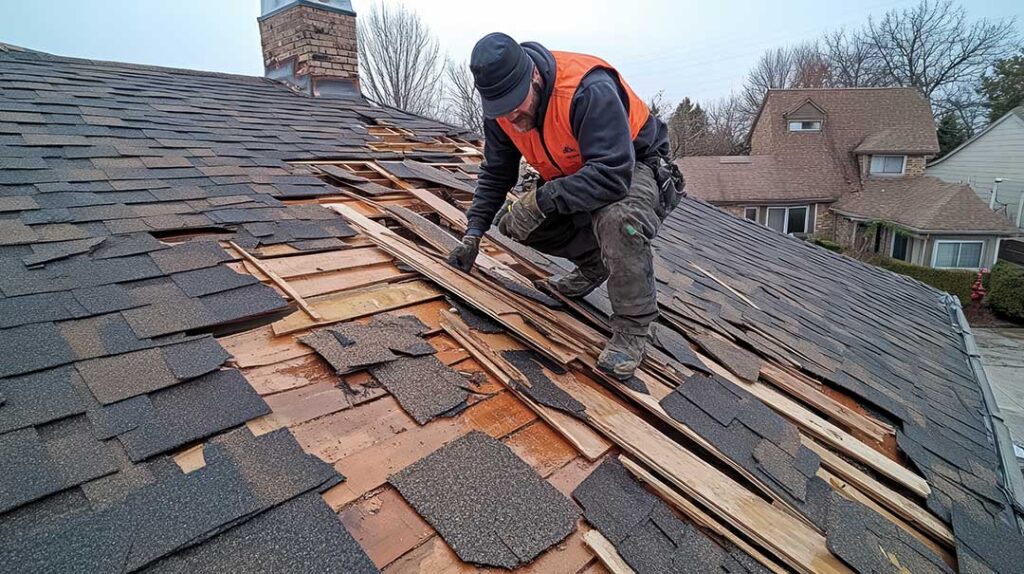 Side-by-side comparison of two residential roofs: one with asphalt shingles, the other with metal panels.