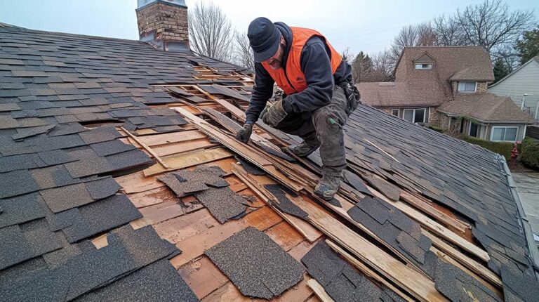 Side-by-side comparison of two residential roofs: one with asphalt shingles, the other with metal panels.