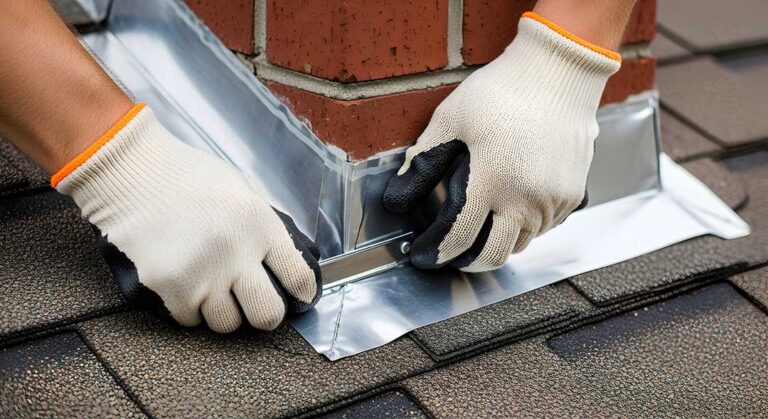 A homeowner takes close-up photos of damaged shingles and torn roof flashing using a smartphone on a cloudy day.